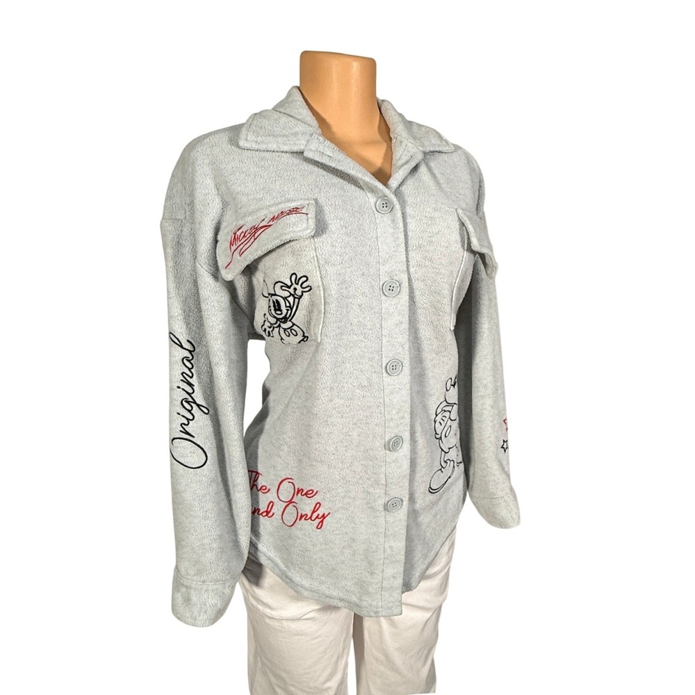 Disney Mickey Mouse Shacket Women Medium Grey Excellent Fleece Button Up Top